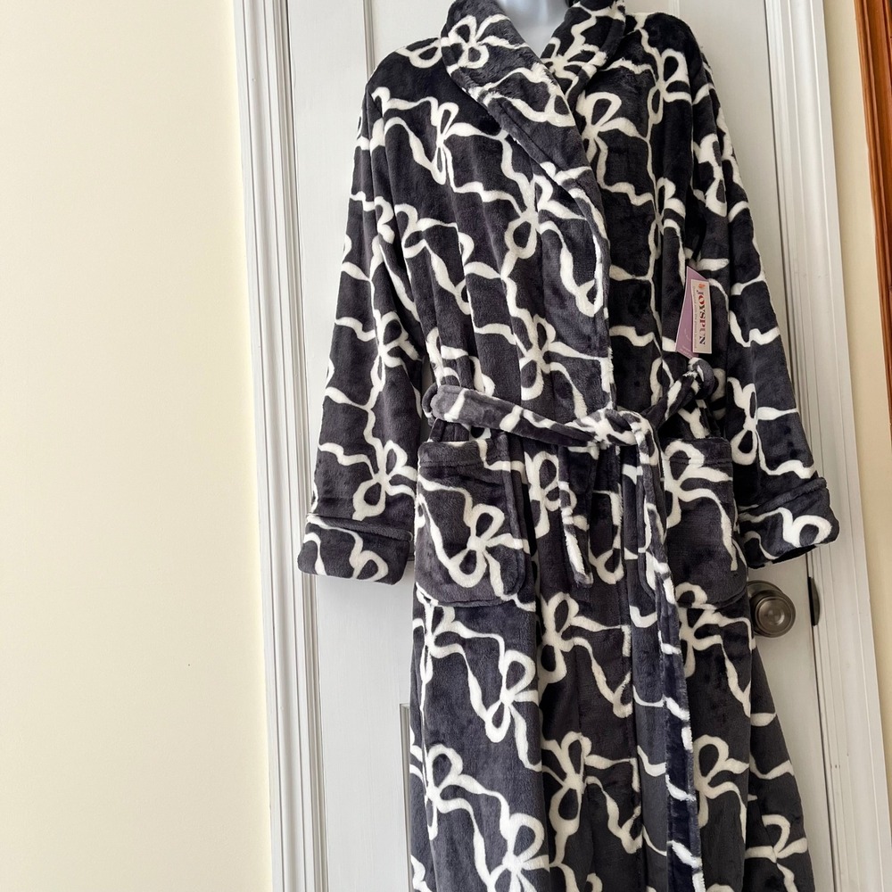 NWT Joyspun Plush Sleep Robe Gray White Bow Print Shawl Collar Womens L 12-14